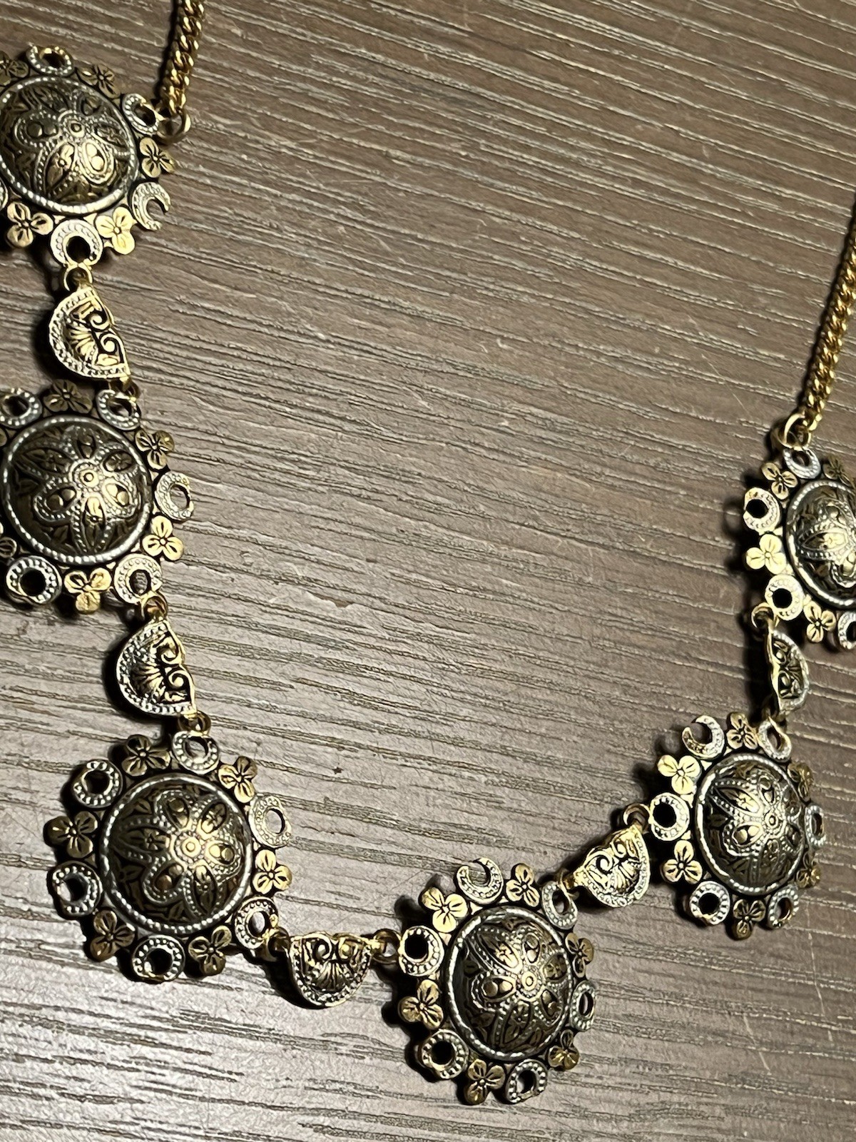 Spanish Damascene Hearts Enamel Necklace Vintage Gold Tone 17”