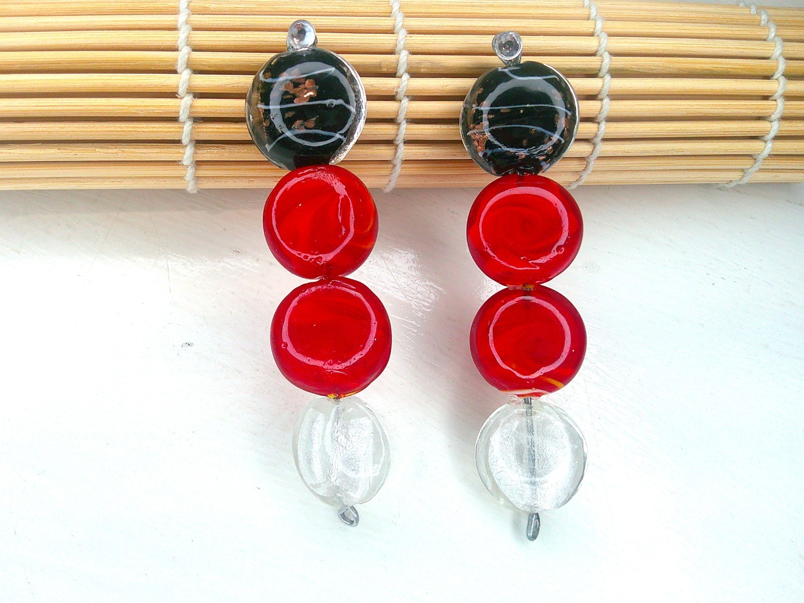 Bakelite Dangle Modern Style Earrings Murano Glass Handmade Post Red Black