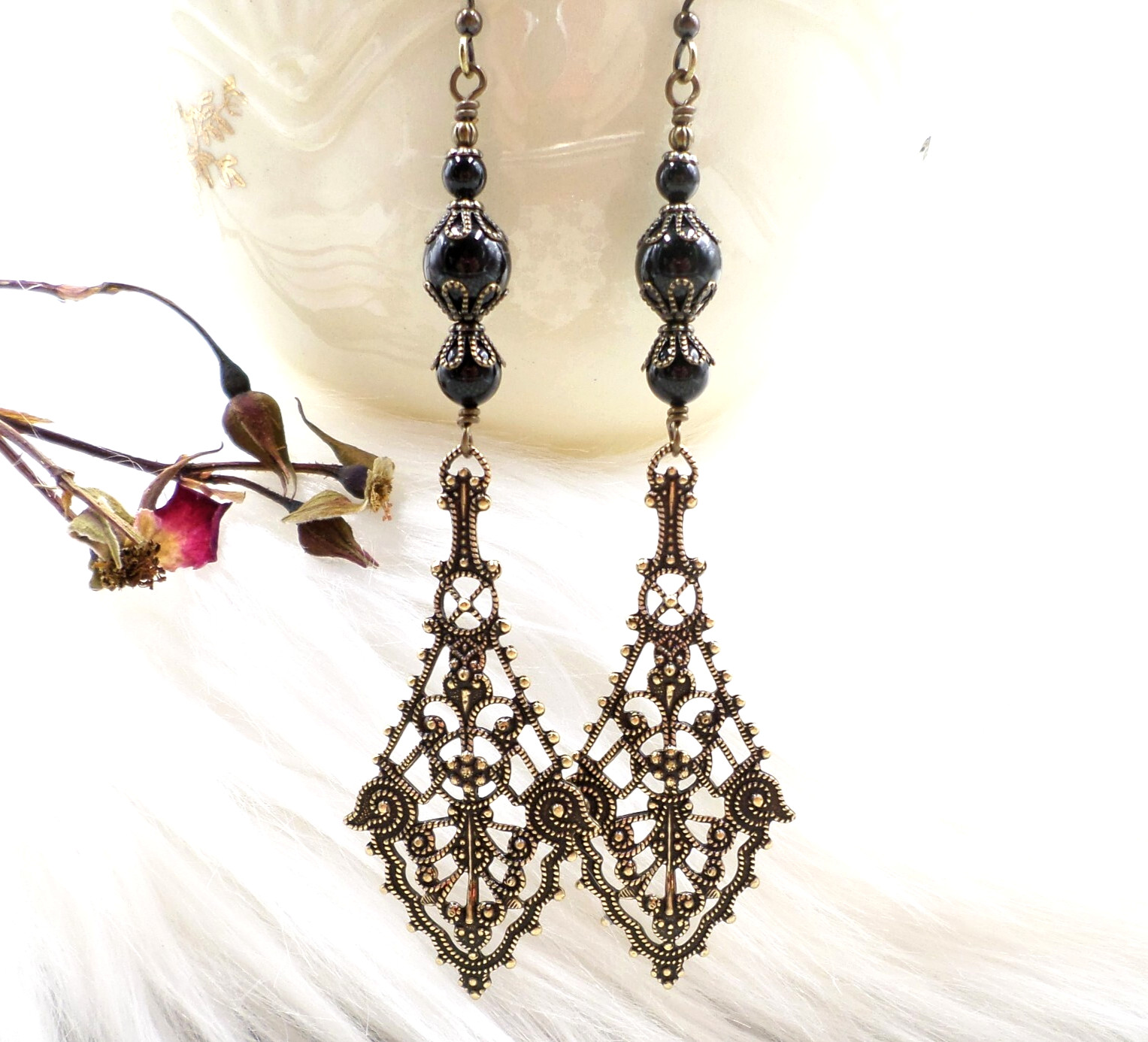 Victorian Gothic Earrings, Antique Brass Filigree Black Bead Long Dangle Jewelry