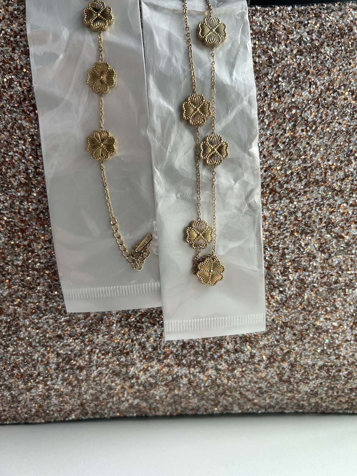 Stainless Steel Gold Tone Flower Necklace Bracelet Jewelry Set No Stone