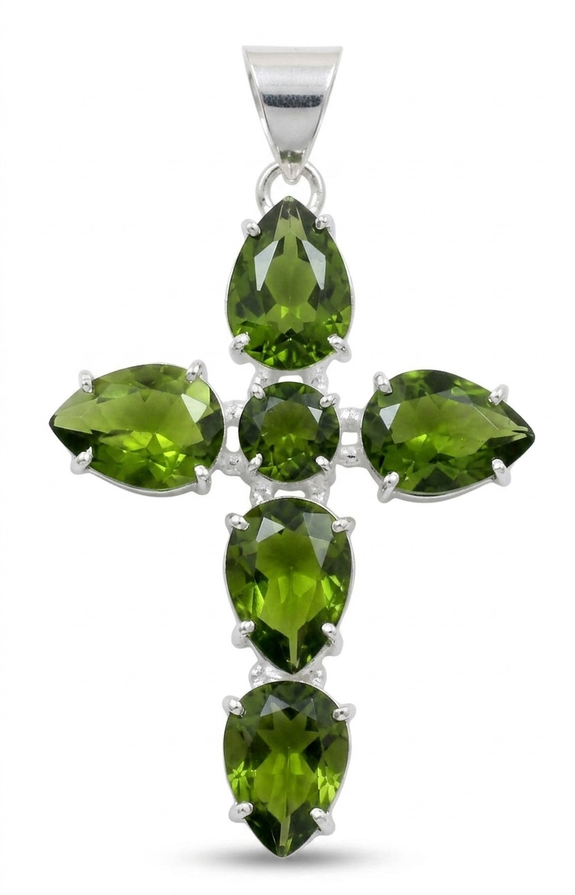 Green Peridot Gemstone Cross Pendant 925 Sterling Silver Artisan Jewelry S-1.50″