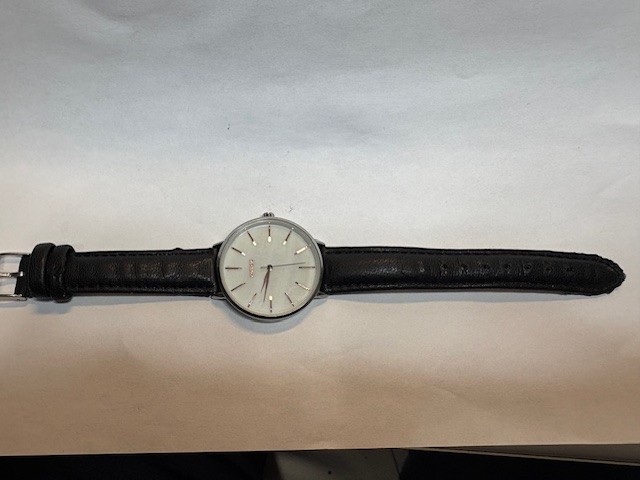 Parfois Women’s Quartz Watch – White Mother of Pearl Dial, Black Leather Strap