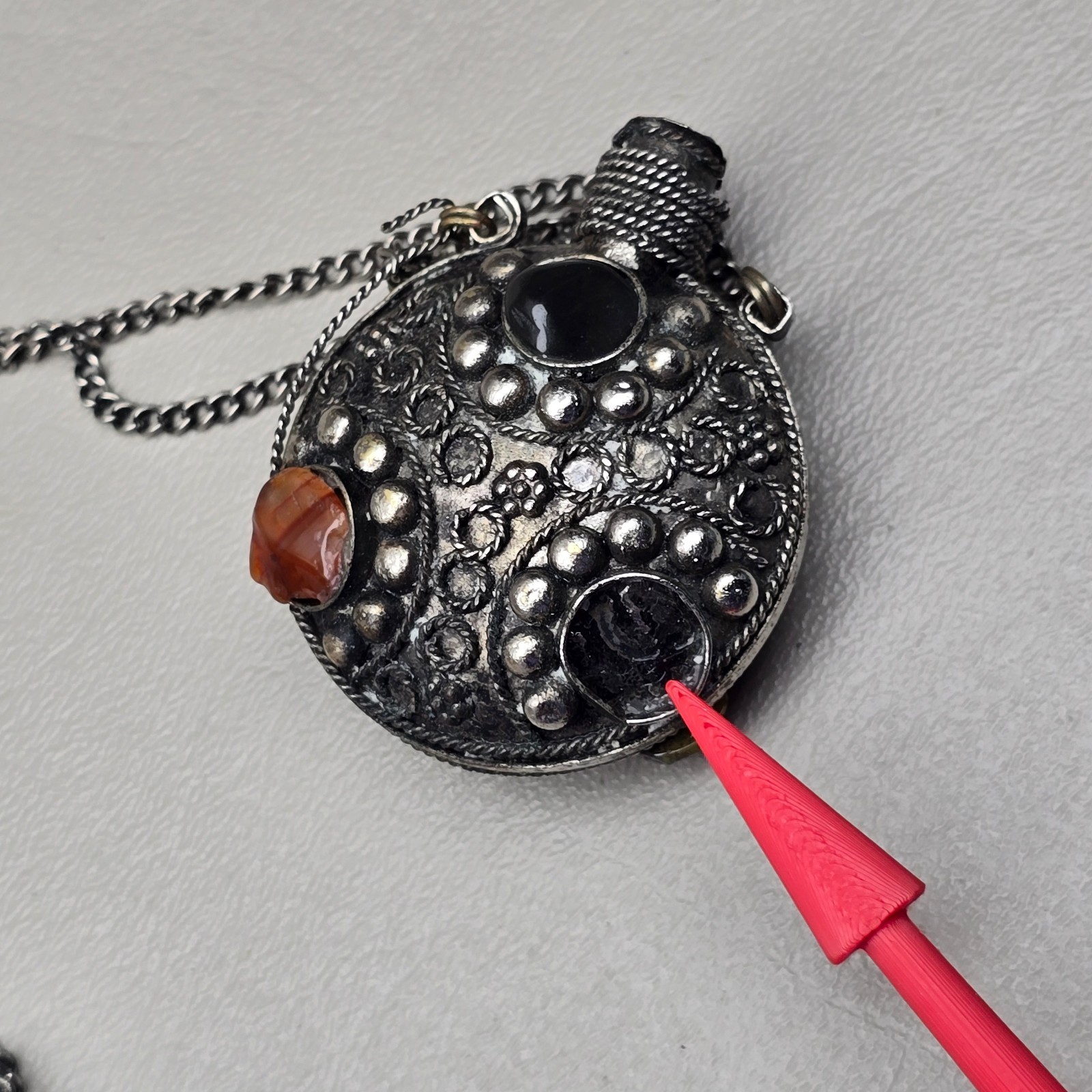 Vintage Perfume Bottle Necklace Filigree Statement Silver Tone 30in READ