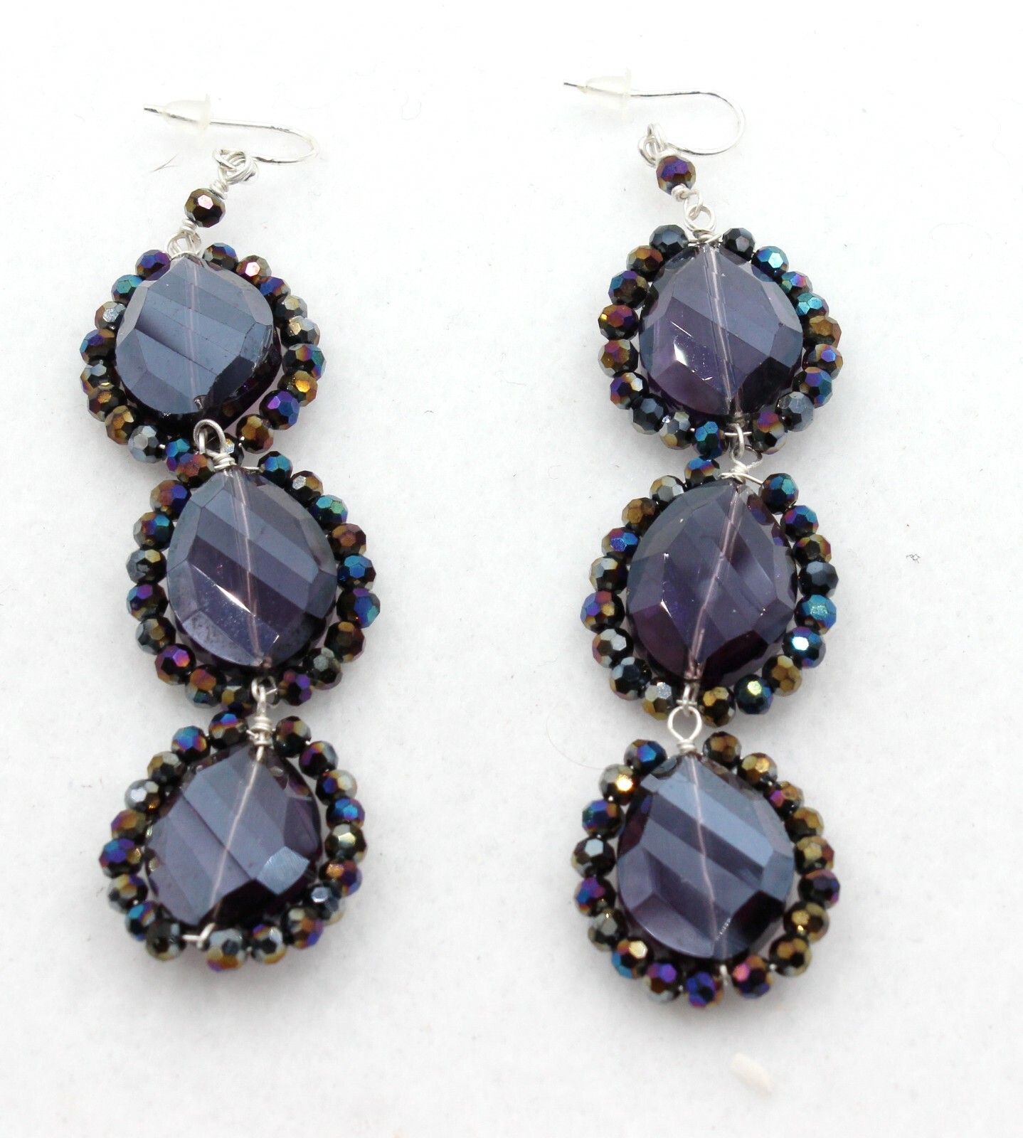 Nakamol Oval Iridescent Blue Purple Bead & Crystal Dangle Earrings 3″ New