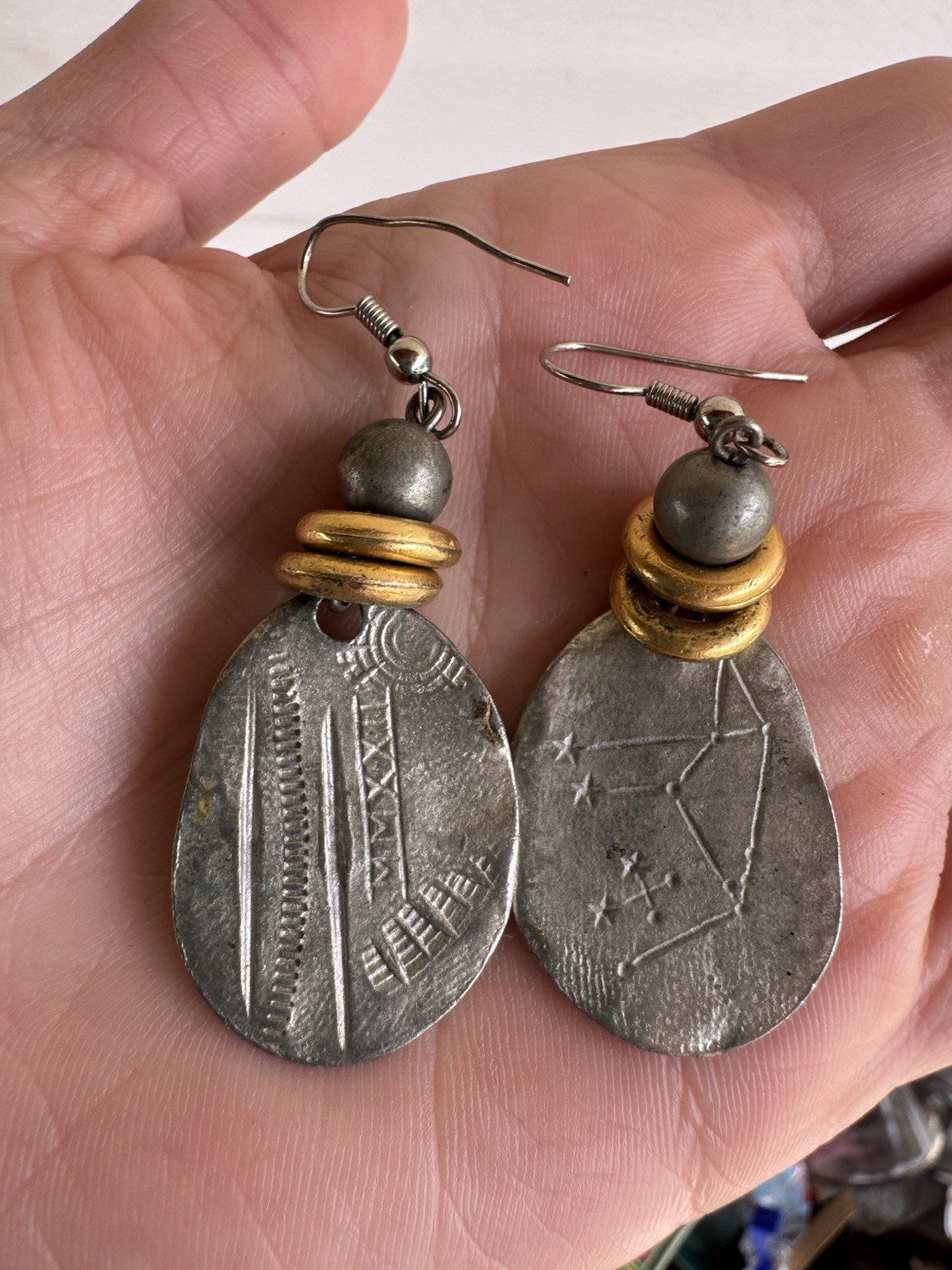 Constellation Astrology Silver Tone Artisan Dangle Earrings Metal & Bead Pierced