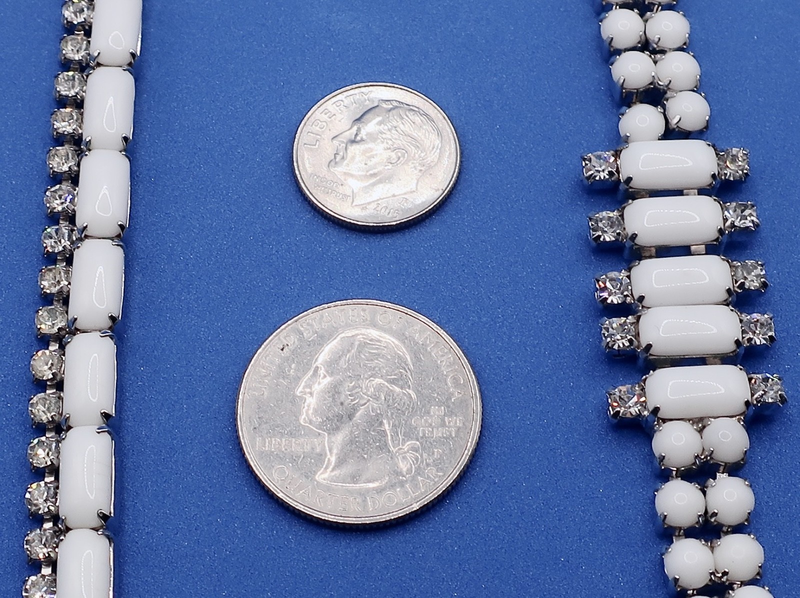 Vintage Milk Glass Clear Rhinestone Demi-Parure Set 15.5″ Necklace & 7″ Bracelet