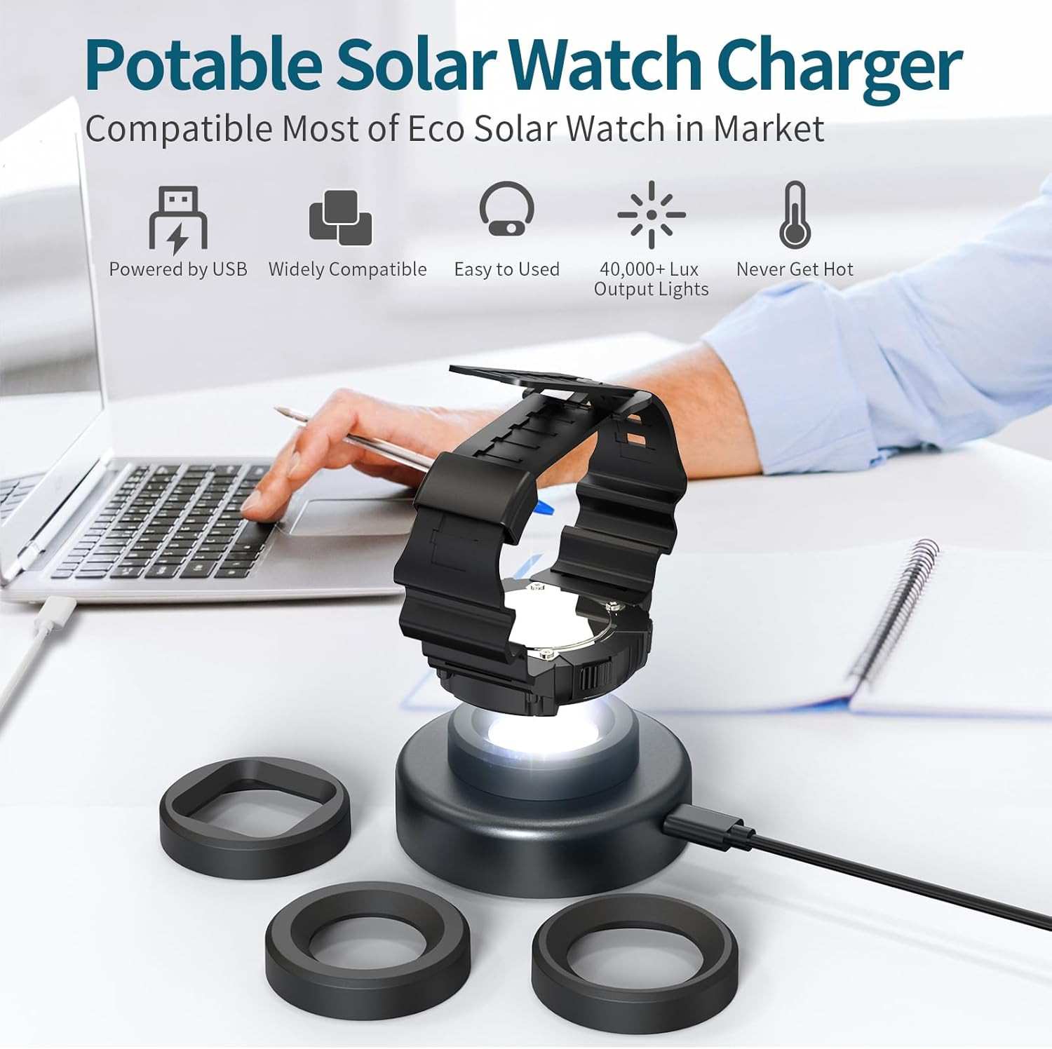 Solar Watch Charger, 8H Timing Off with Men, Women & Square 3 Caps, LED UV Light