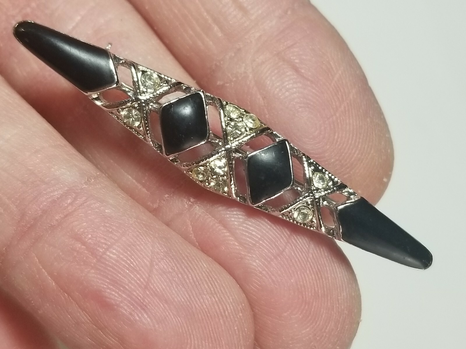 Art Deco Style Faux? Onyx Rhinestone Pin Brooch 2-1/8 in.