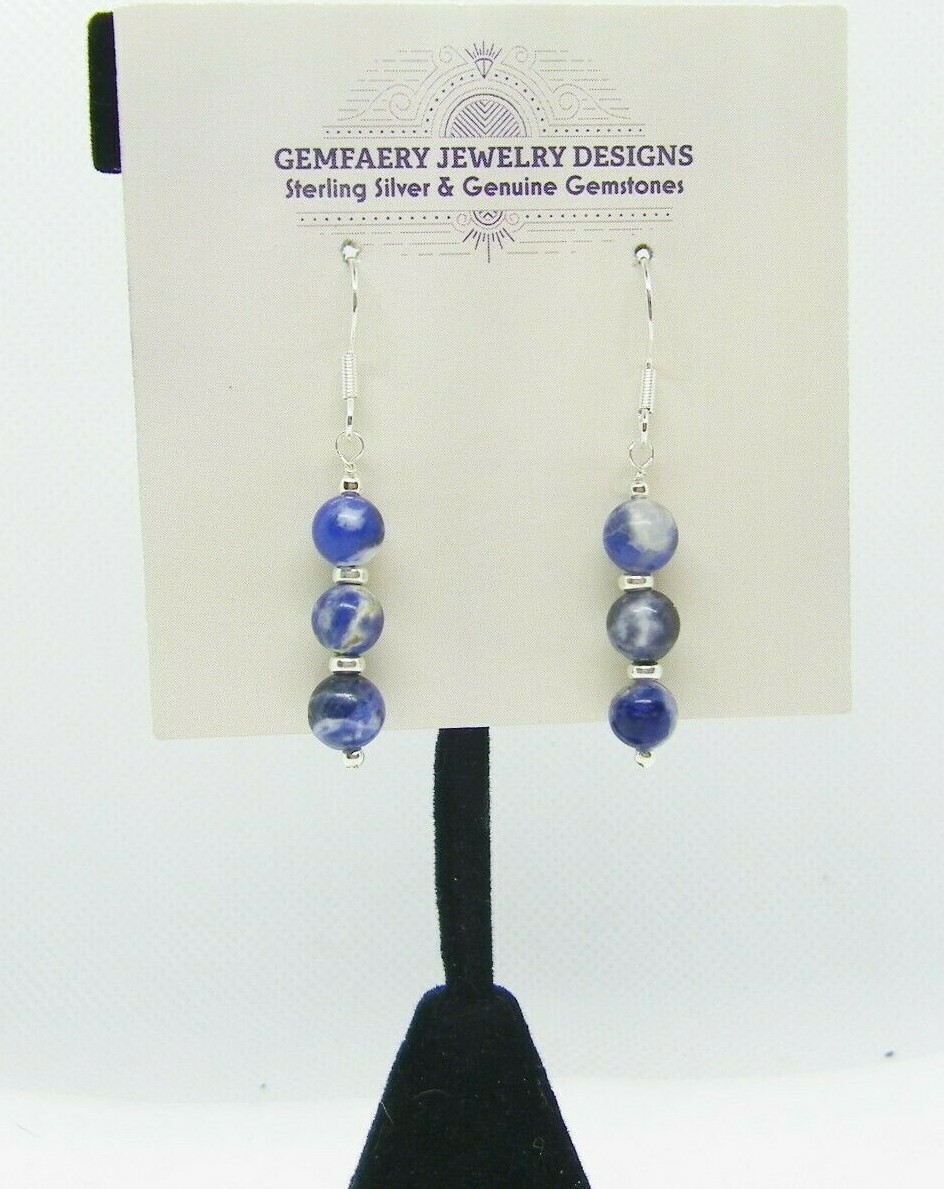 Sterling Silver Natural SODALITE Stacked Gemstone Earrings #4119…Handmade USA