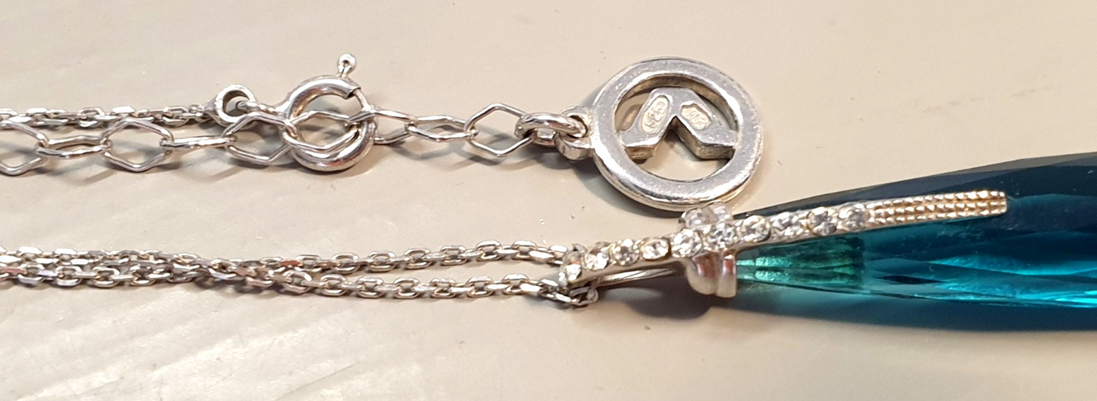 925 Silver Pendant Drop Blue & Fine Anchor Chain Master Hallmarked “MS” 41 – 44cm