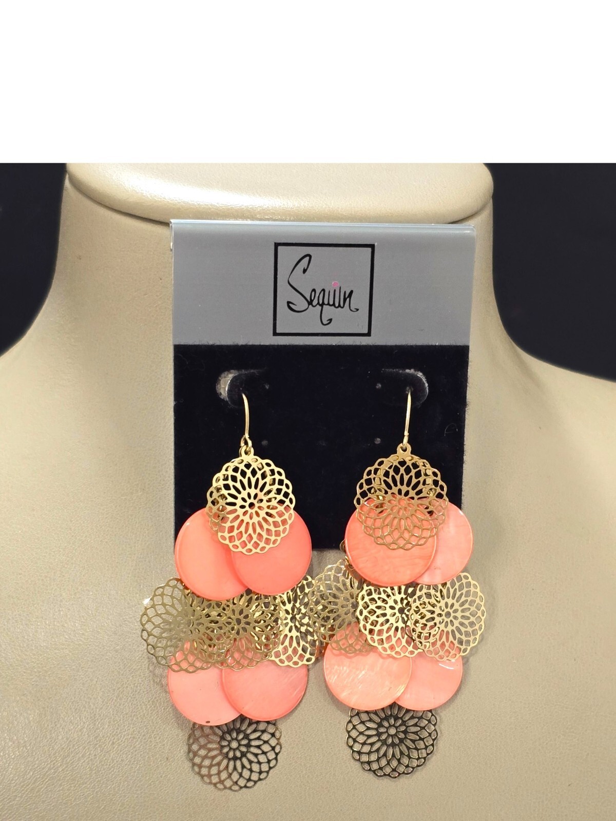 Sequin Women’s Gold Plated Orange Shell Hook Chandelier Earrings NWT