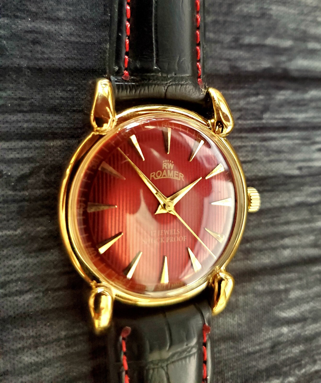 RARE Roamer Brevete Swiss Mens Manual Watch Red Teaked Dial