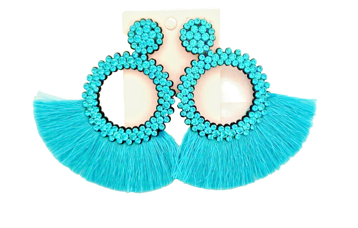 New Fashion Jewelry Dangle/ Drop Earrings Aqua Fringe Crystals Appx 3.5 inx3 in