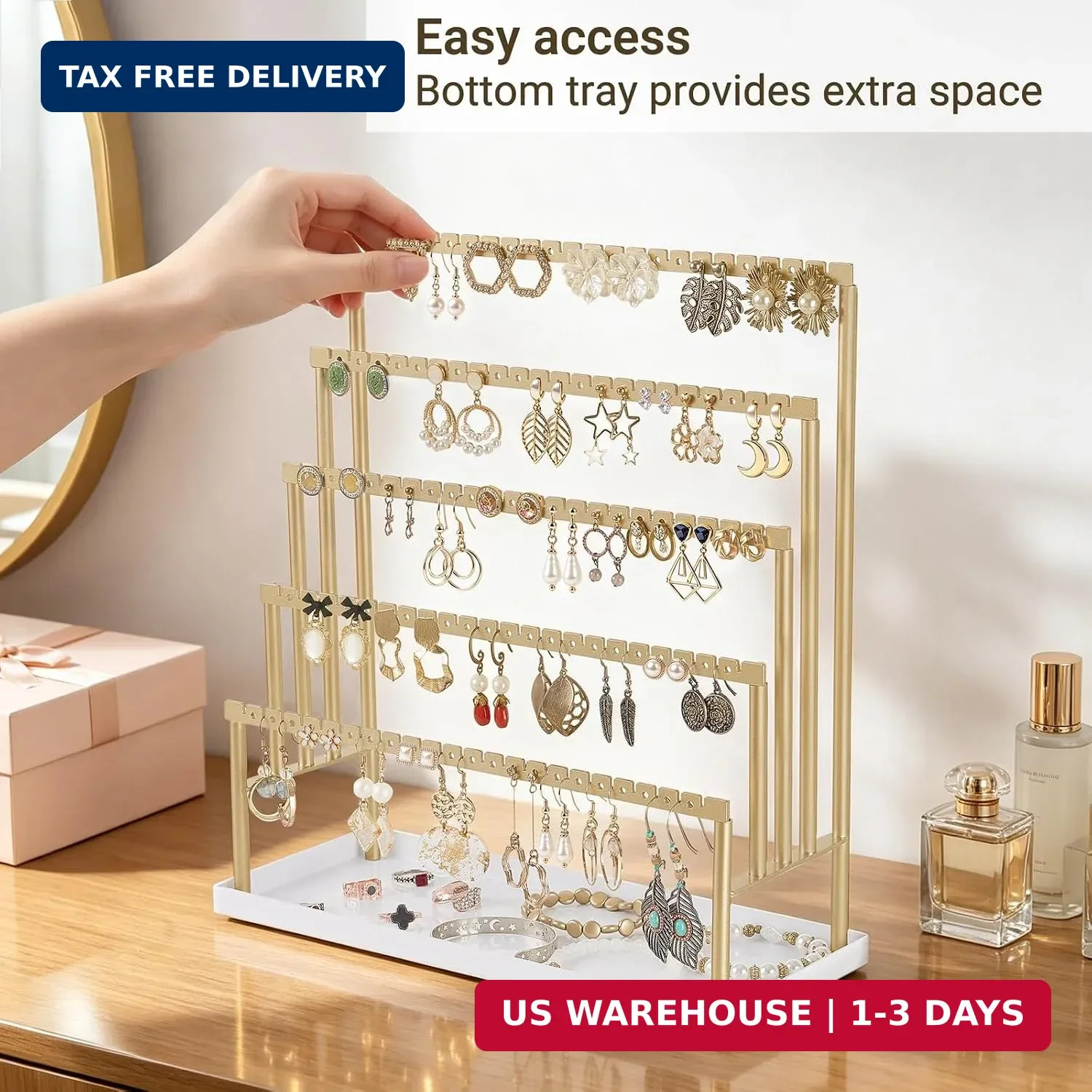 Mkono 5-Tier Earring Holder Organizer, Gold Jewelry Display Stand with Tray | 11