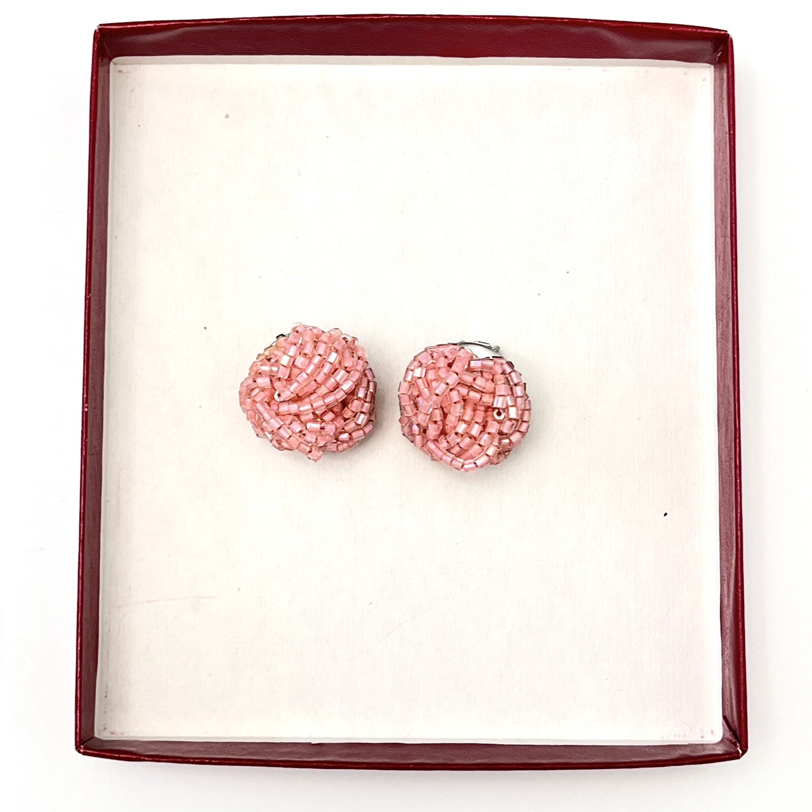 Vintage Pink Beaded Chunky Cluster Clip On Statement Earrings 1.8 cm