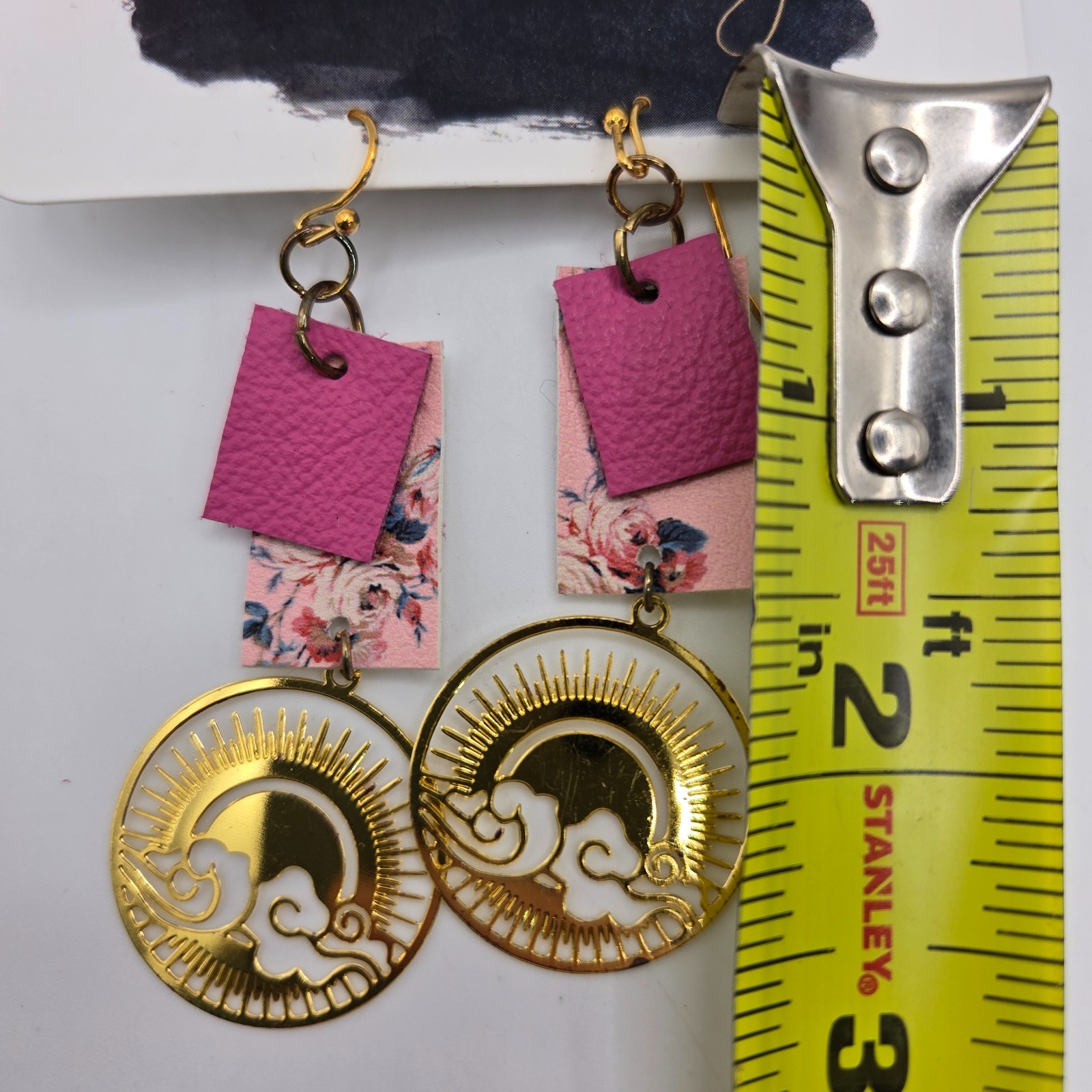 Gold Sun & Clouds Tree with Pink/Floral Dangle Earrings ~2 1/2 inches NEW