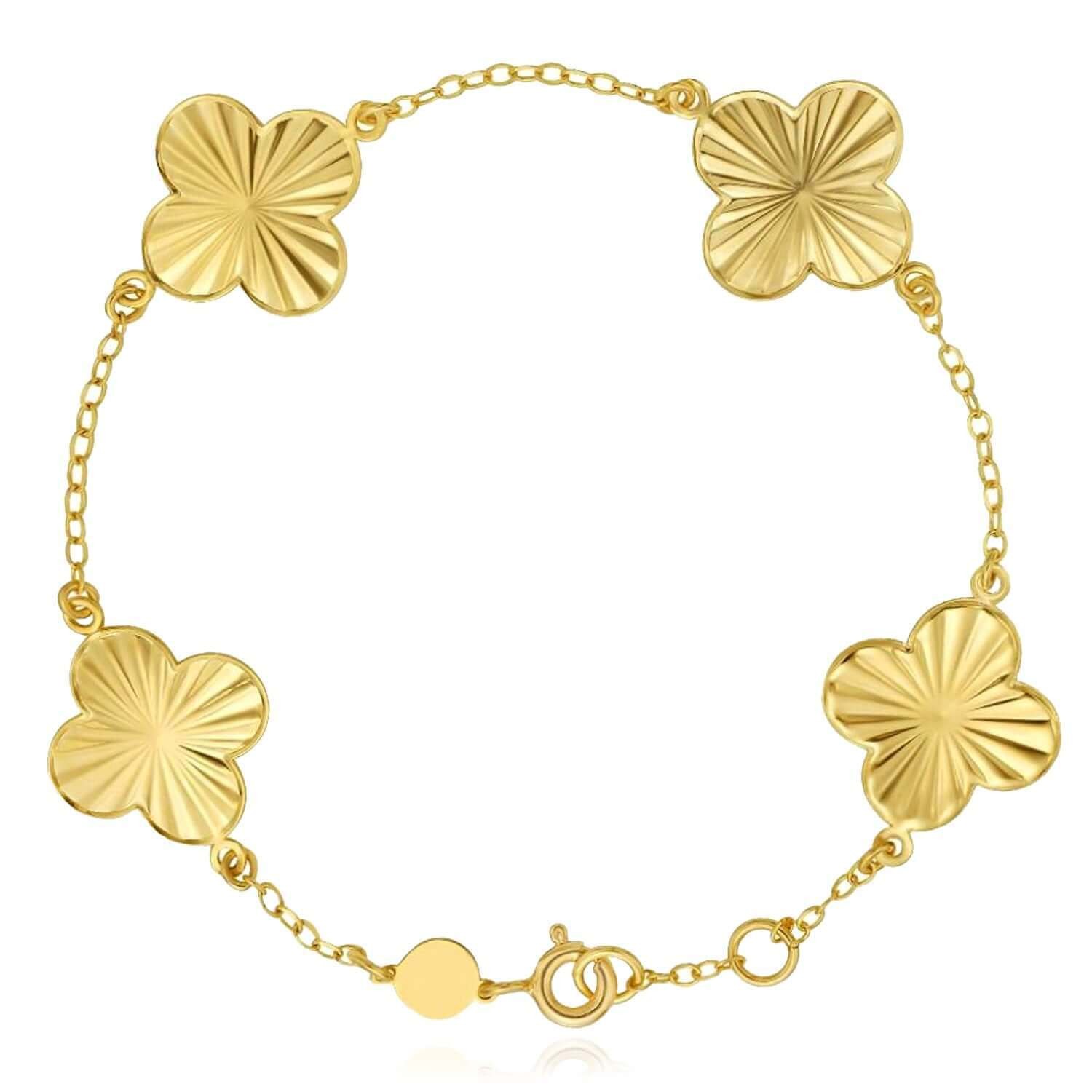 Real 14K Gold Textured Adjustable Clover Bracelet 6.5″-7.25″