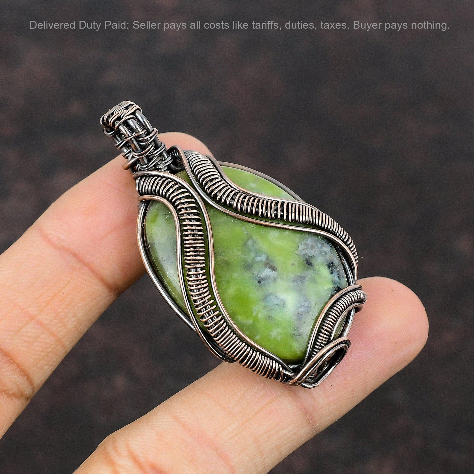 Copper Oval Serpentine Stone Engagement Anniversary Wire Wrapped New Pendant