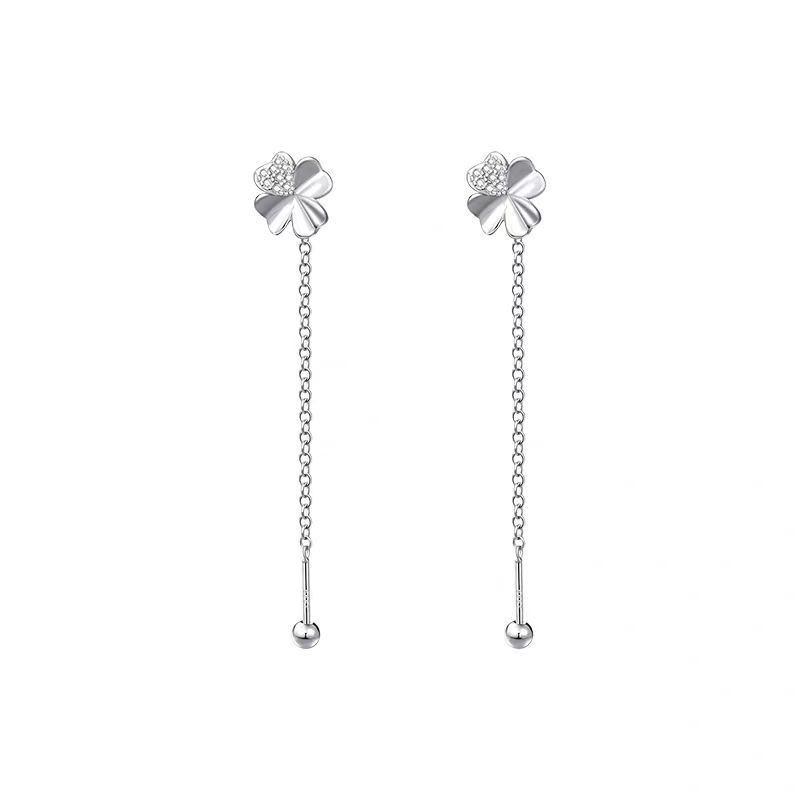 Silver Clover CZ Dangle Pull Through Threader Screw Stud Earrings AJ