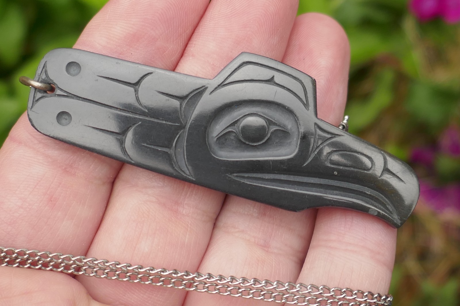 Vintage Haida Native Pat Dixon Hand Carved Argillite Raven Pendant on Chain