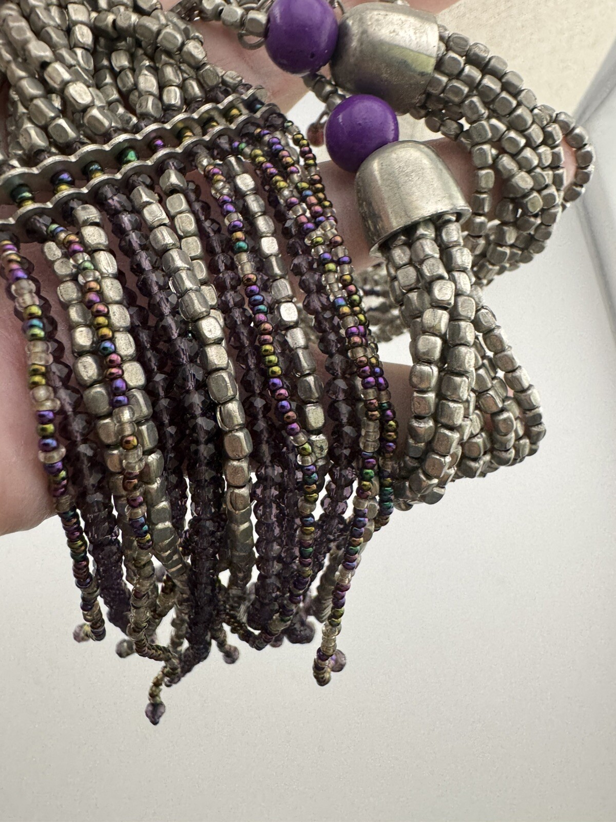 Vintage HIMALAYAN GEMS Purple Silver Czech Glass Beaded Waterfall Potay Necklace