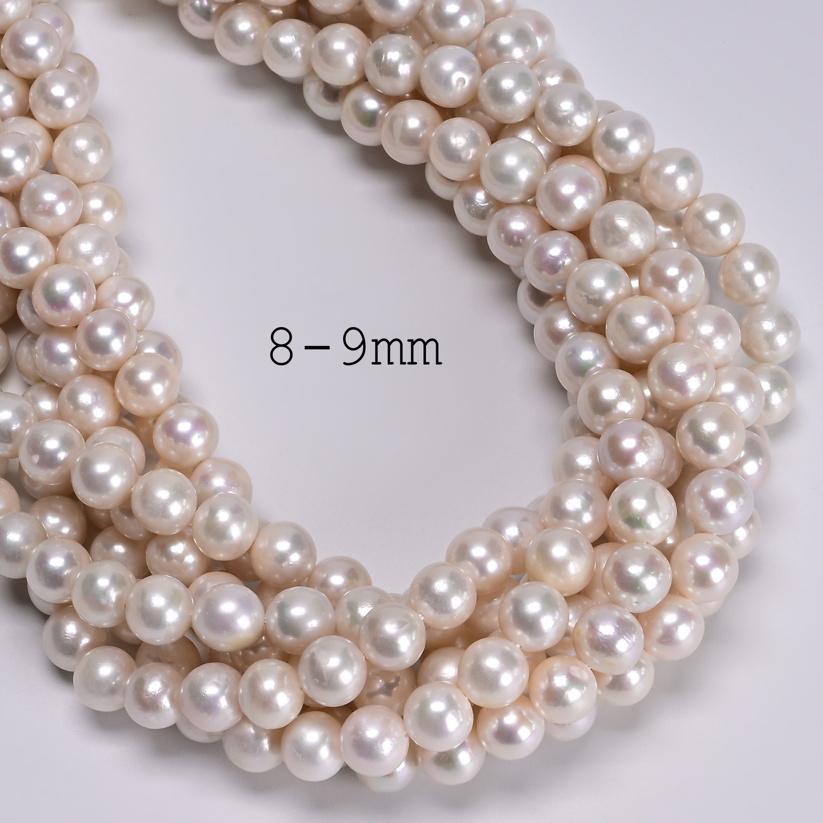 White Fresh Water Akoya Pearl Off Round Beads Size 8-9mm 9-10mm 15.5” Strand