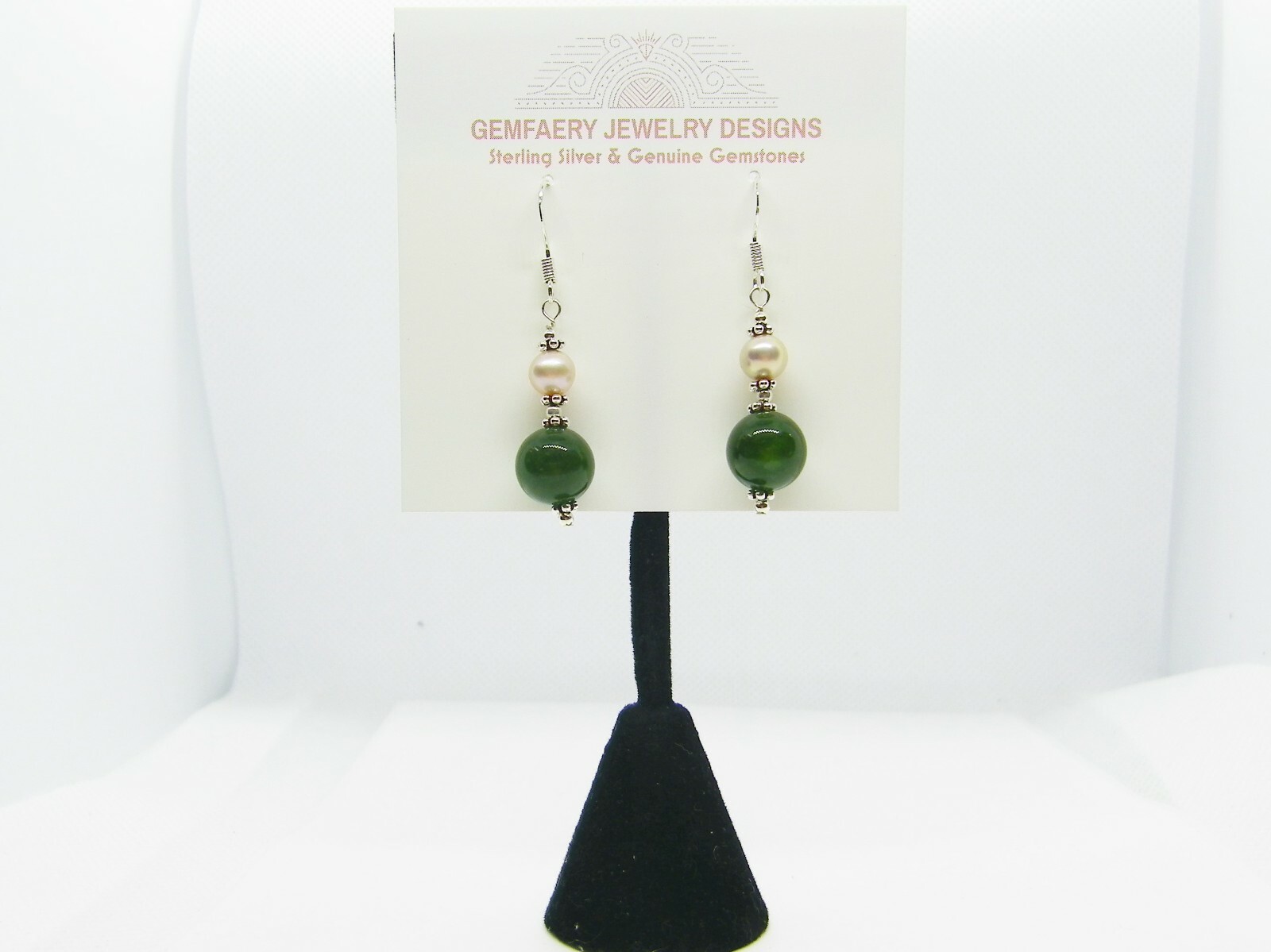 Sterling Silver Natural NEPHRITE JADE & PEARL Dangle Earrings…Handmade USA