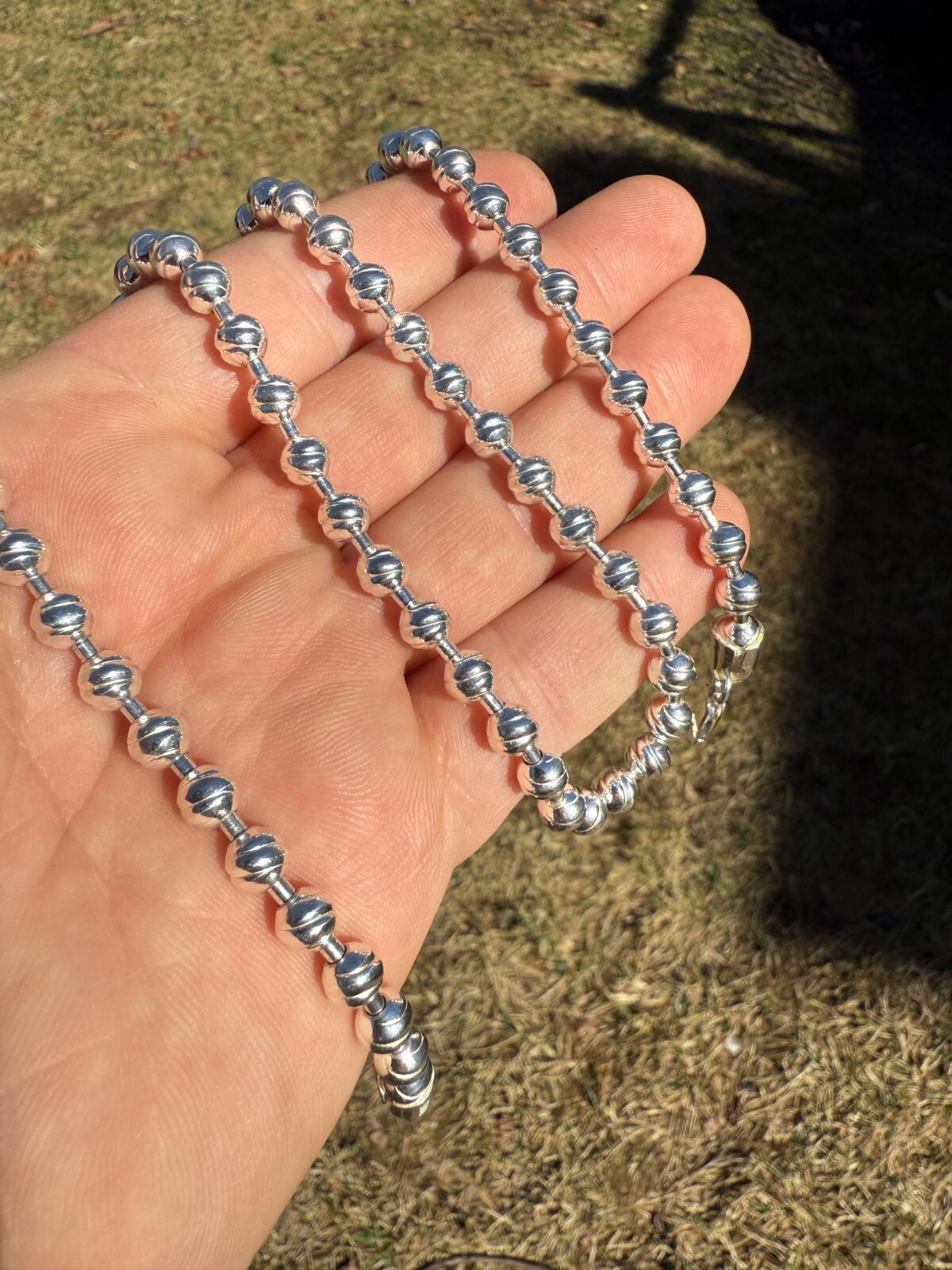 Solid 925 Sterling Silver 6mm Ball Bead Chain Moon Cut Dog Tag Mens Necklace
