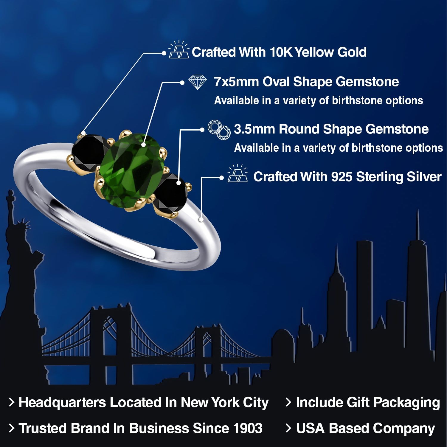 925 Silver and 10K Yellow Gold Green Chrome Diopside and Black Diamond