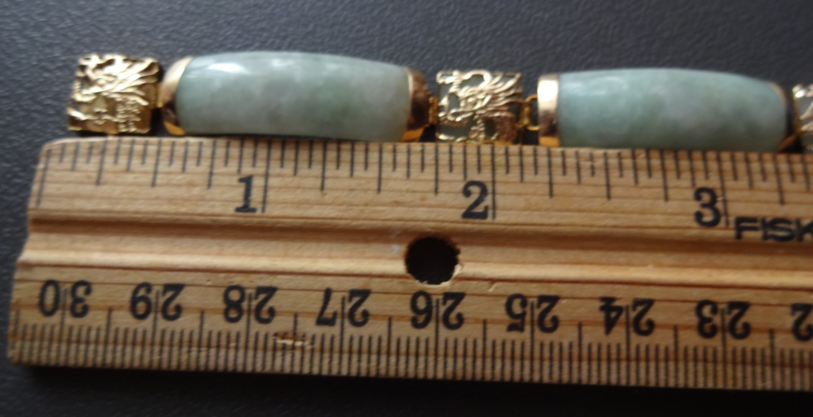 Vtg Chinese 14K Yellow Gold Jade Link Dragon Panels Bracelet Pale Green Celadon