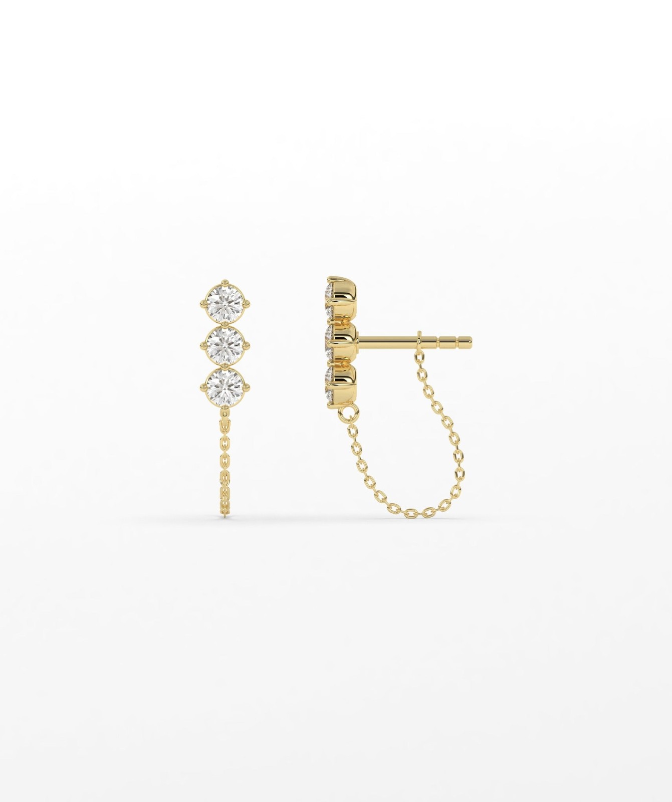 14K Gold Round Lab Grown Diamond Three Stone Climber with Chain Loop Earrings