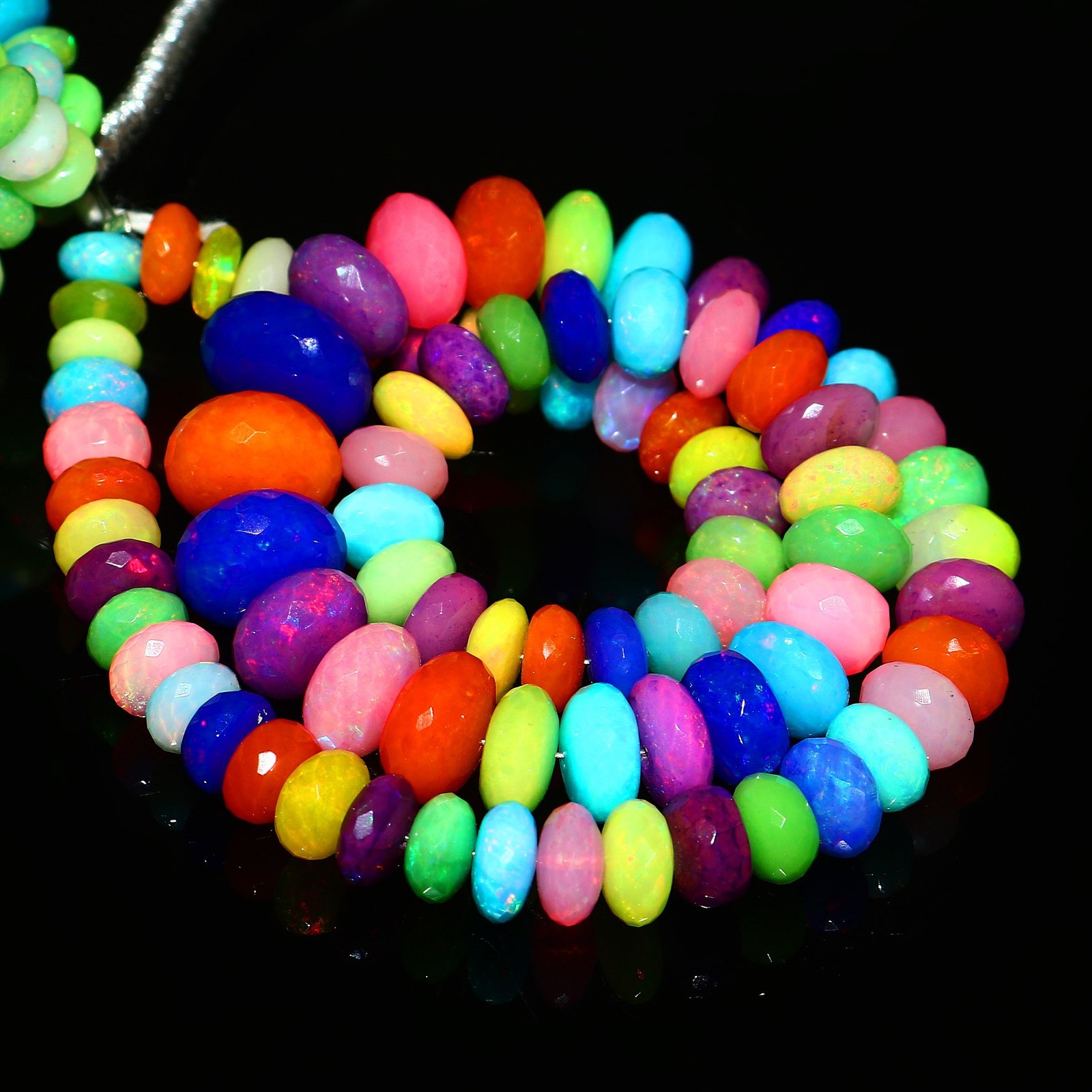 Ethiopian Welo Opal Faceted Round Bead Necklace Multi-Color Play of Fire 566