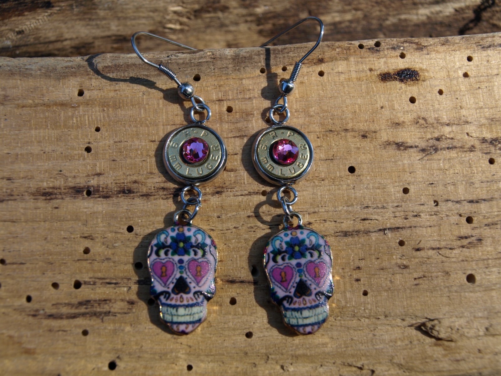 Stainless Steel Bullet Earrings with Pink Sugar Skull Charms. Optional Crystals.