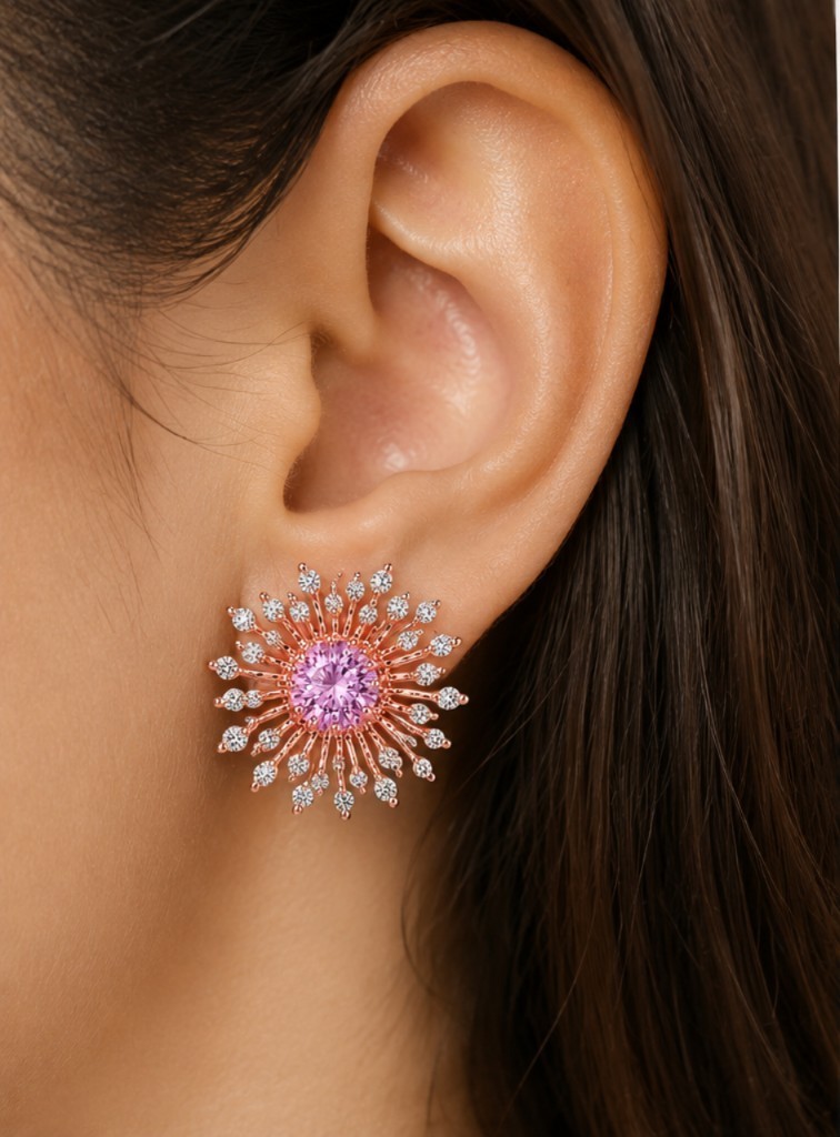 925 Sterling Silver Rose De France Pink Amethyst Moissanite Sunburst StudEarring