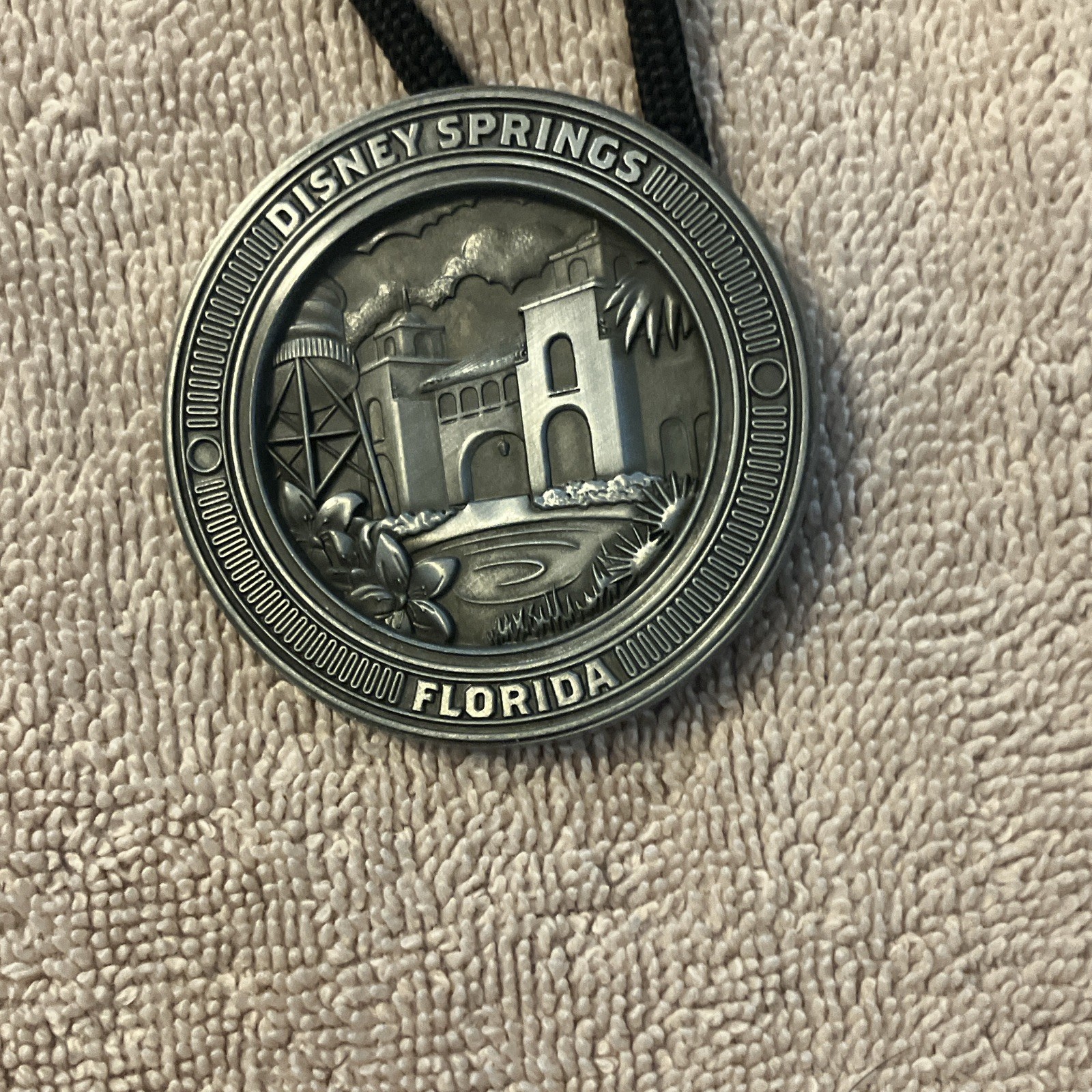 Disney Springs Florida Round Medallion Pendant Necklace Black Cord Hook