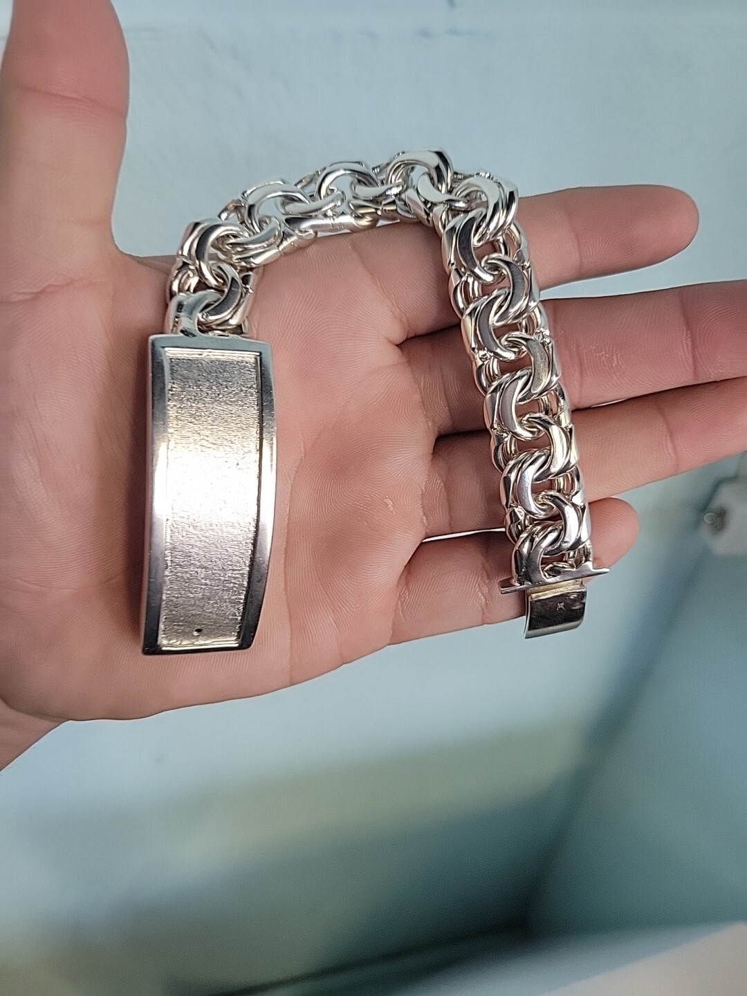 925 Sterling Silver Chino Link ID Bracelet Plain Frame 114g 8inch 15mm Hand Made