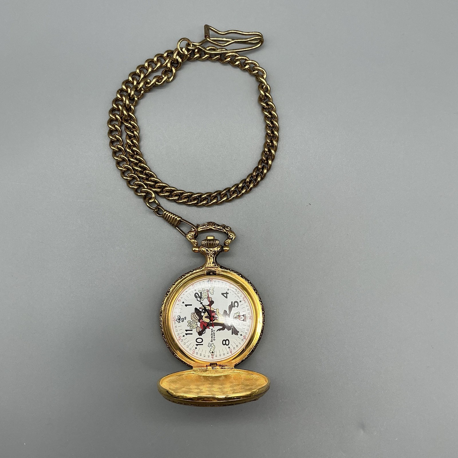 Vintage Armitron Tasmanian Devil Pocket Watch 40mm Gold Tone Train New Battery