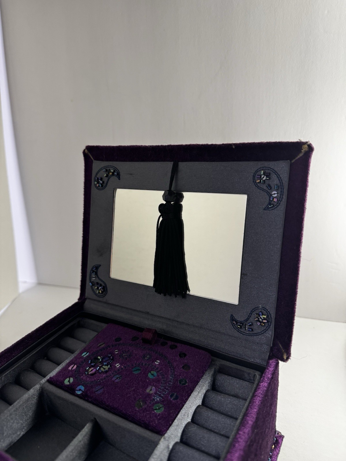 Vintage Purple Velvet Jewelry Box Mirror Drawer Ring Organizer Beaded Decor