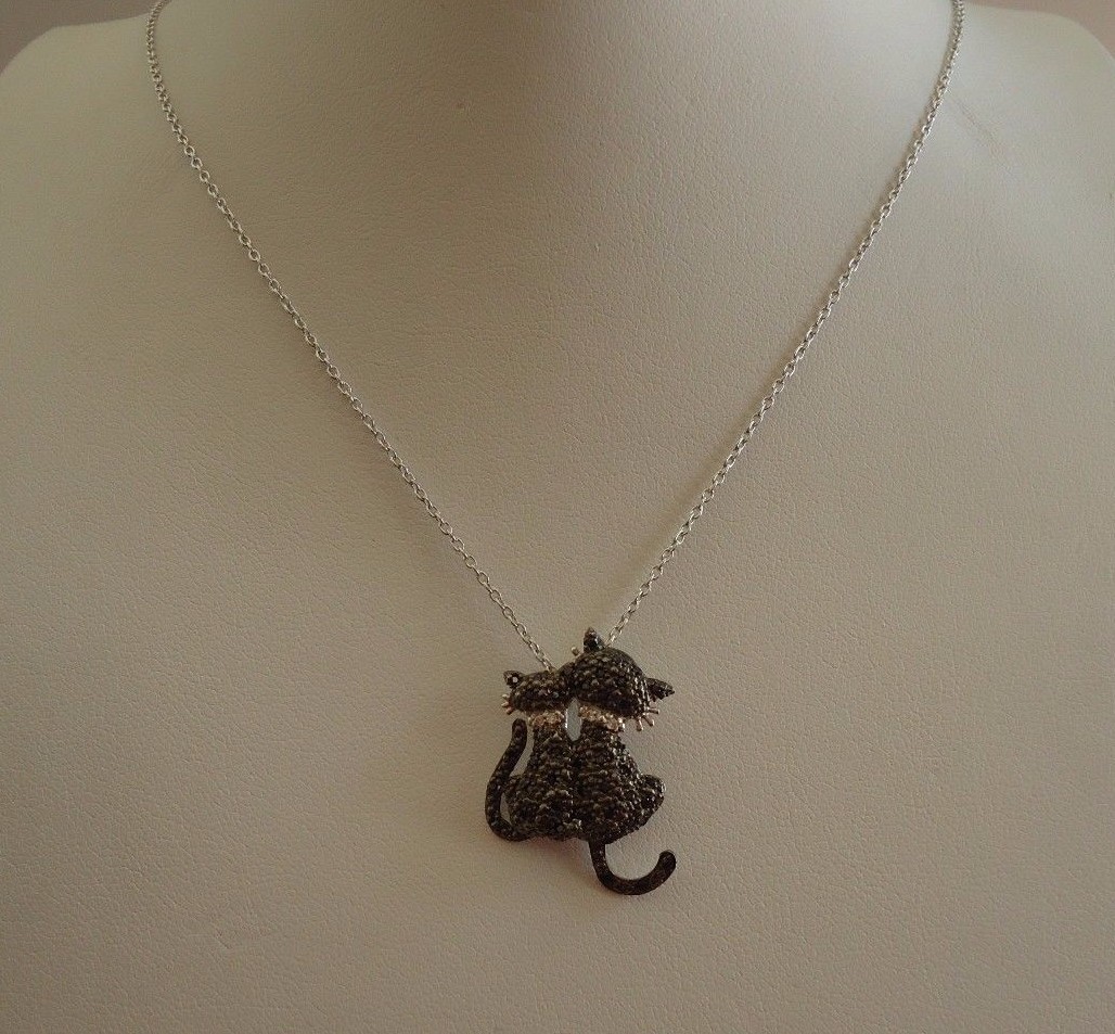 925 STERLING SILVER BLACK KITTY’S PENDANT NECKLACE W/ ACCENTS/18”CHAIN