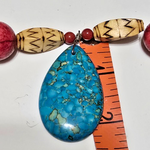 Artisan Handmade Turquoise Pendant Necklace Coral Wood Tribal Boho Southwest
