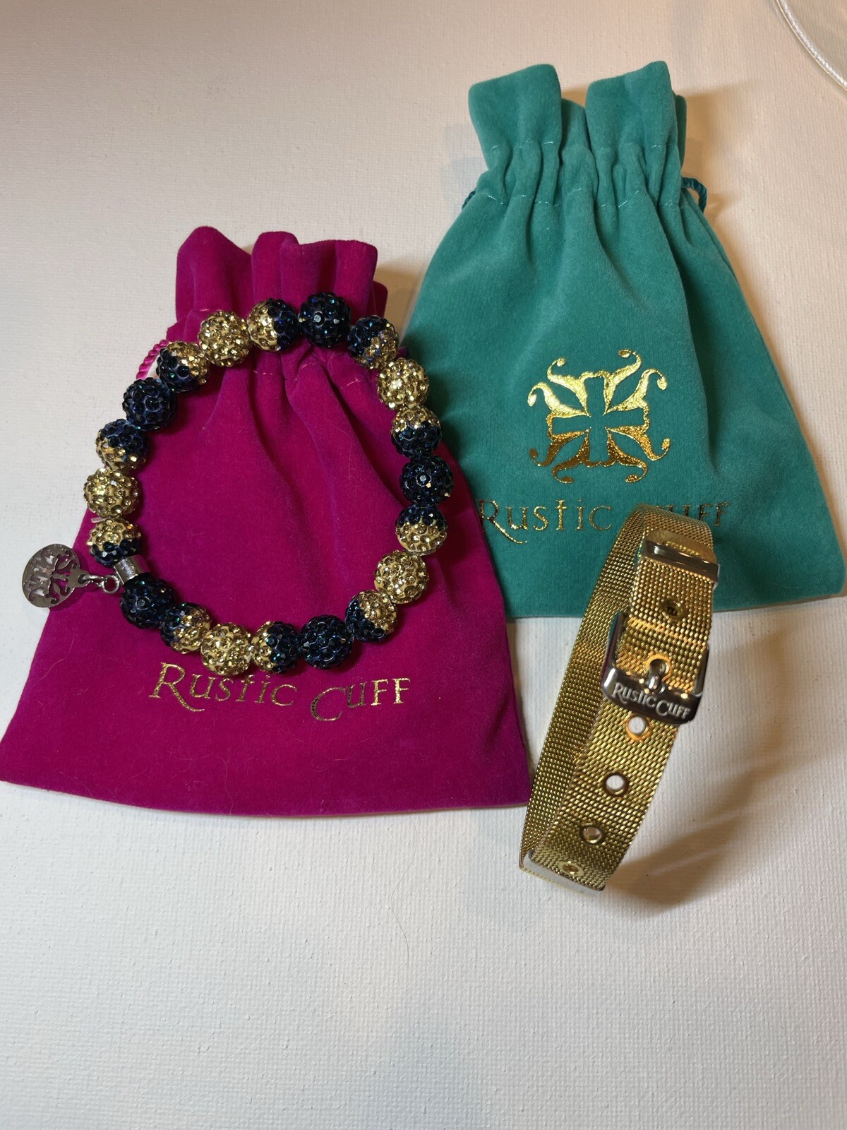 Rustic Cuff Bracelet 2 Piece Set Shambala Beads And Mesh Band Navy/Gold w/bags