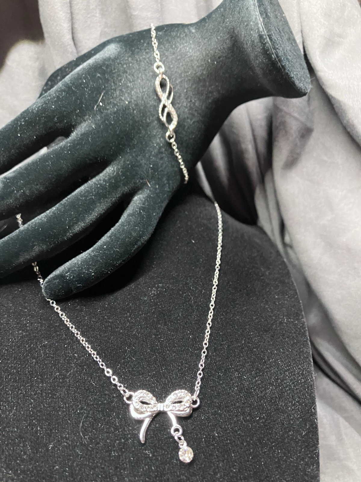 Womens stainless steel cz double bow necklace with infinity cz anklet/bracelet
