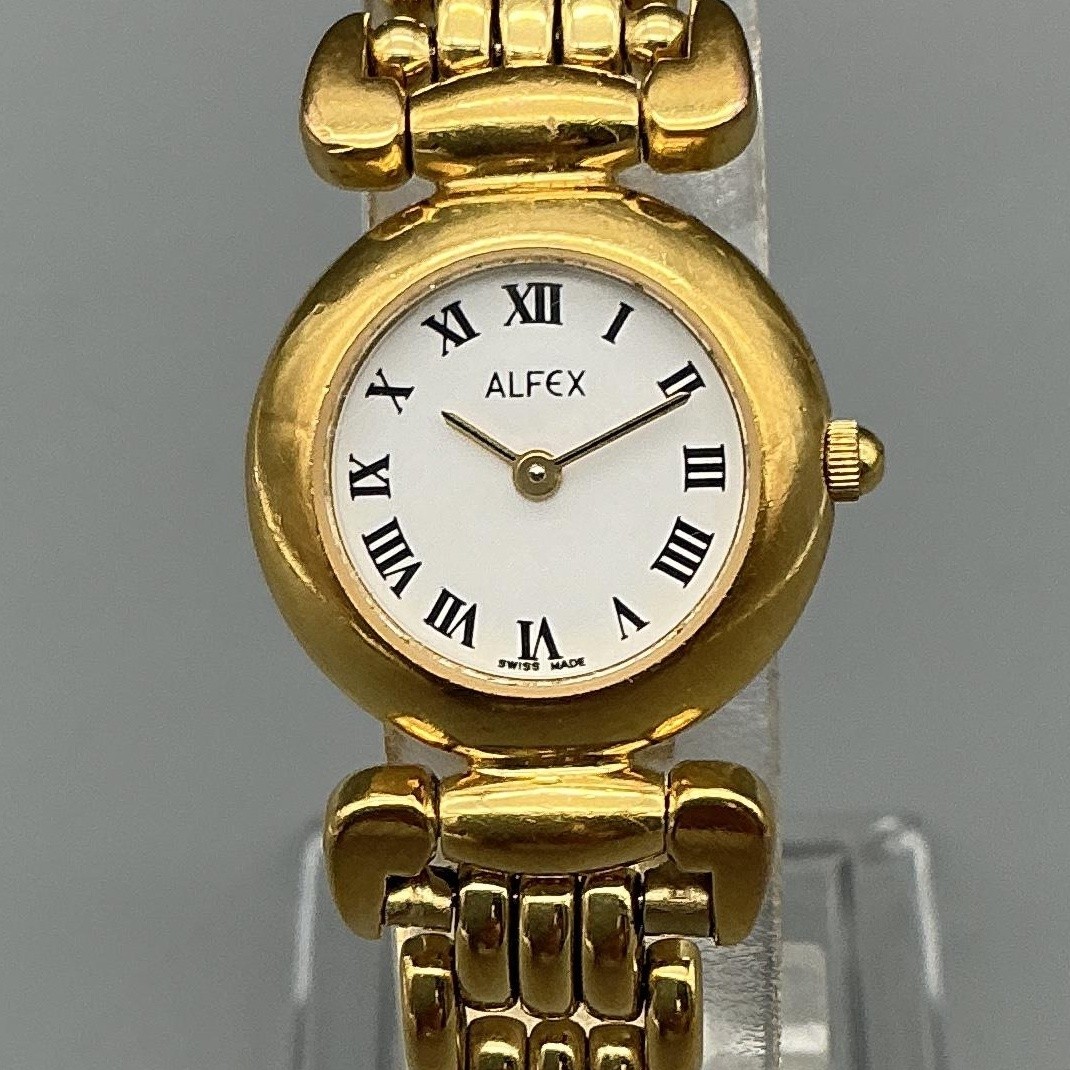 Alfex Womens Watch 20mm White Round Dial Gold Tone Swiss Made New Battery 6.5″