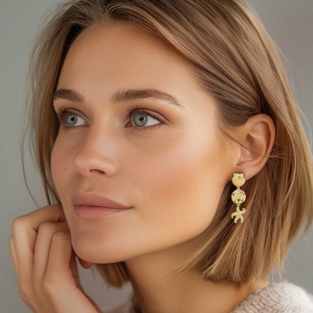 14K Solid Yellow Gold Medium Shell Sand Dollar Starfish Dangle Earrings 37.4mm