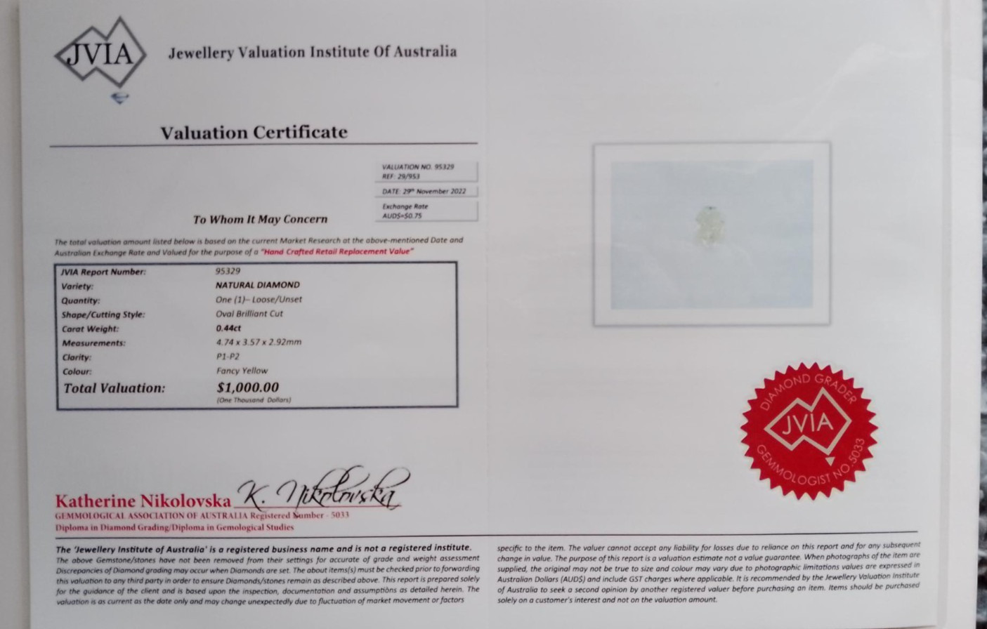 0.44ct NATURAL DIAMOND, Oval Brilliant, Fancy Yellow, Valuation Certificate