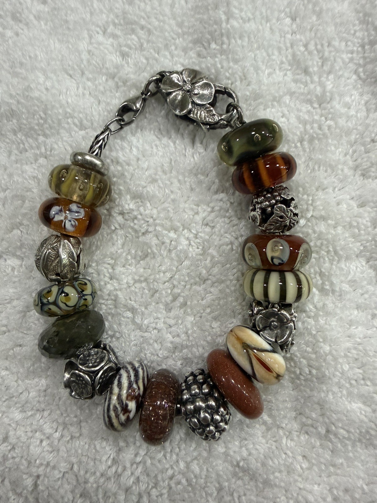 Trollbeads SS 7.5 inch Charm Bracelet with 17 Retired Charms in Browns & Tans