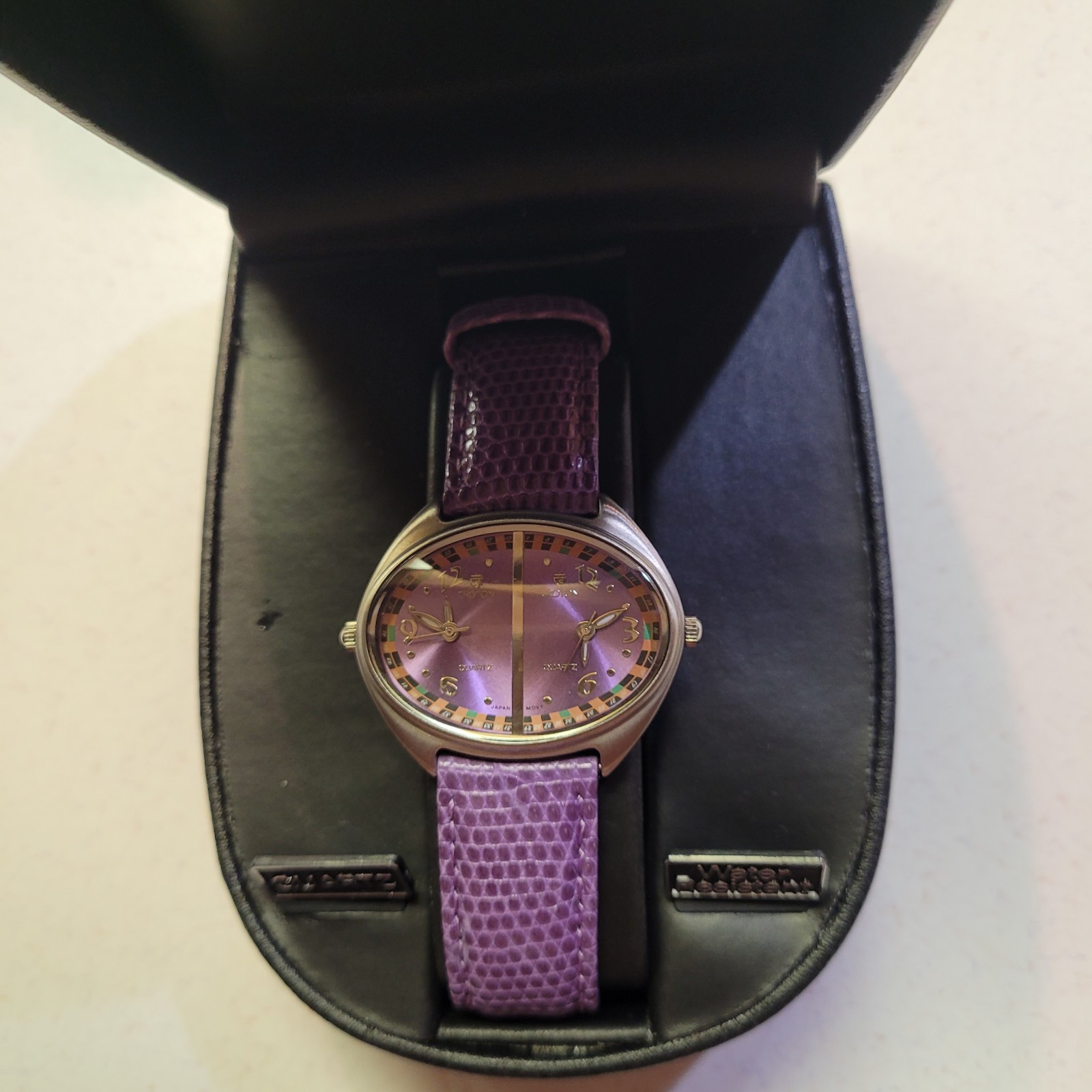 Croton Womens Split Screen 2 Time Zones Purple Lizard Band W/box
