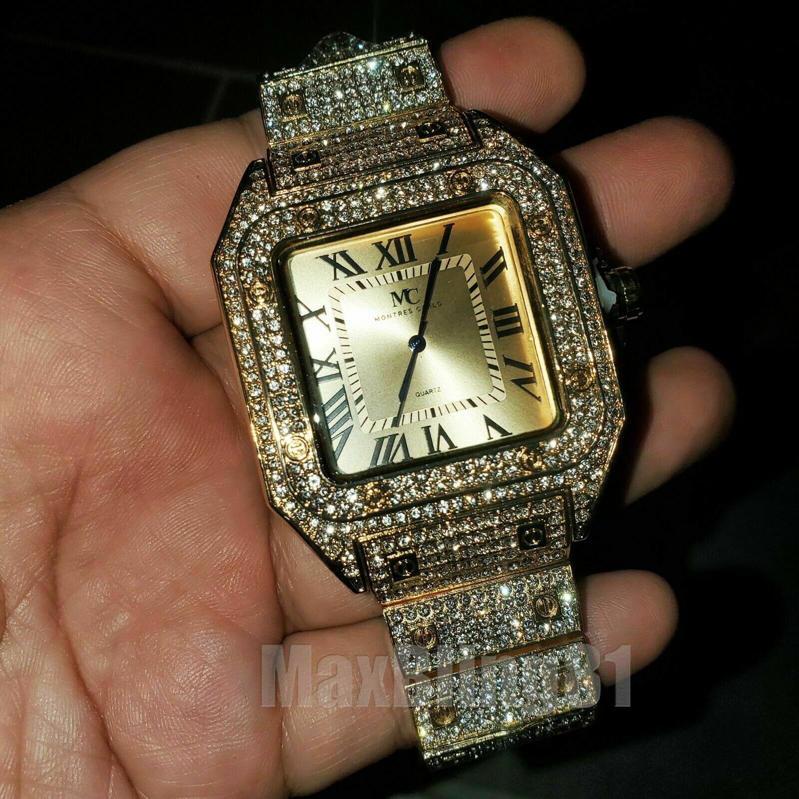 Hip Hop Iced Gold Plated Bling Metal Band WATCH & Cuban Bracelet & Necklace Set