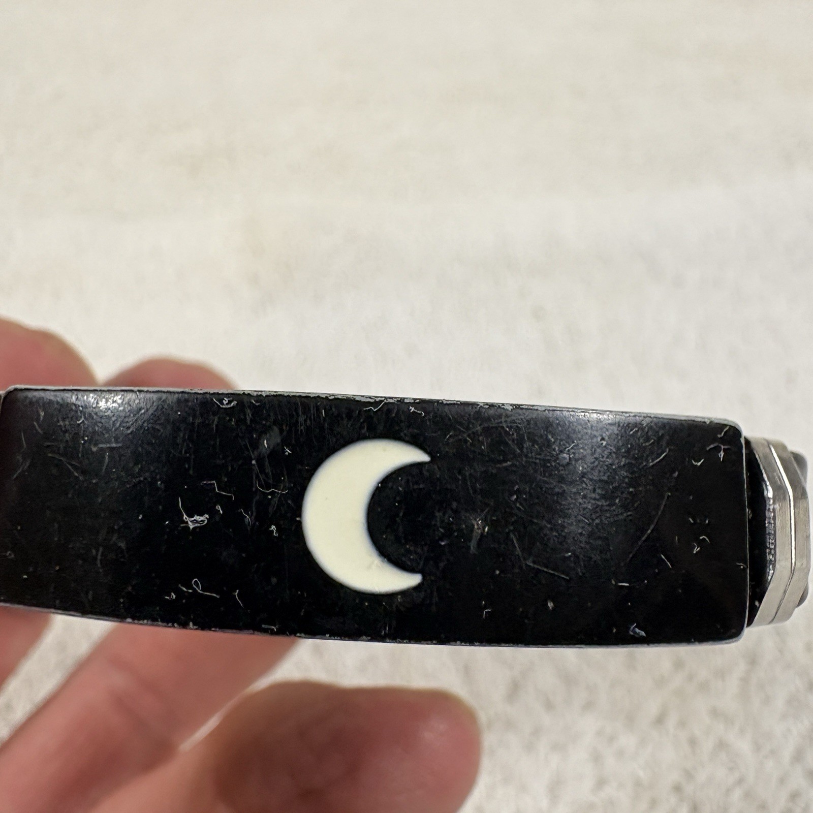 Black Bracelet White Crescent Moon Inlay Stainless Steel Accent Adjustable L-299