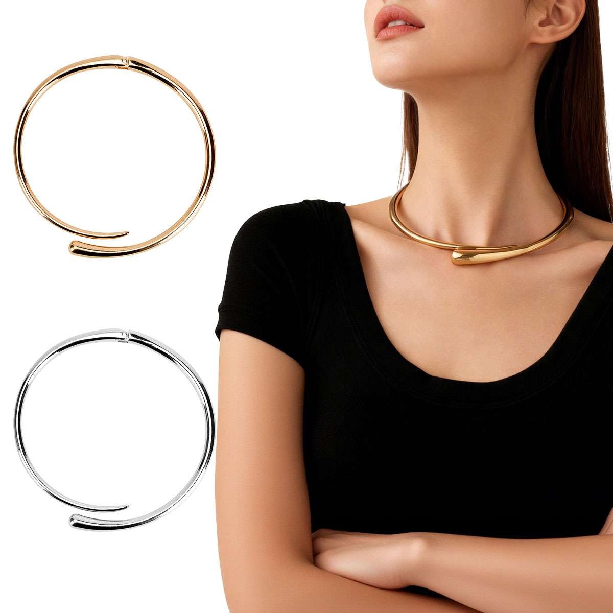 Women’s thick gold Choker necklace neck collar with spring hinge buckle jewelry